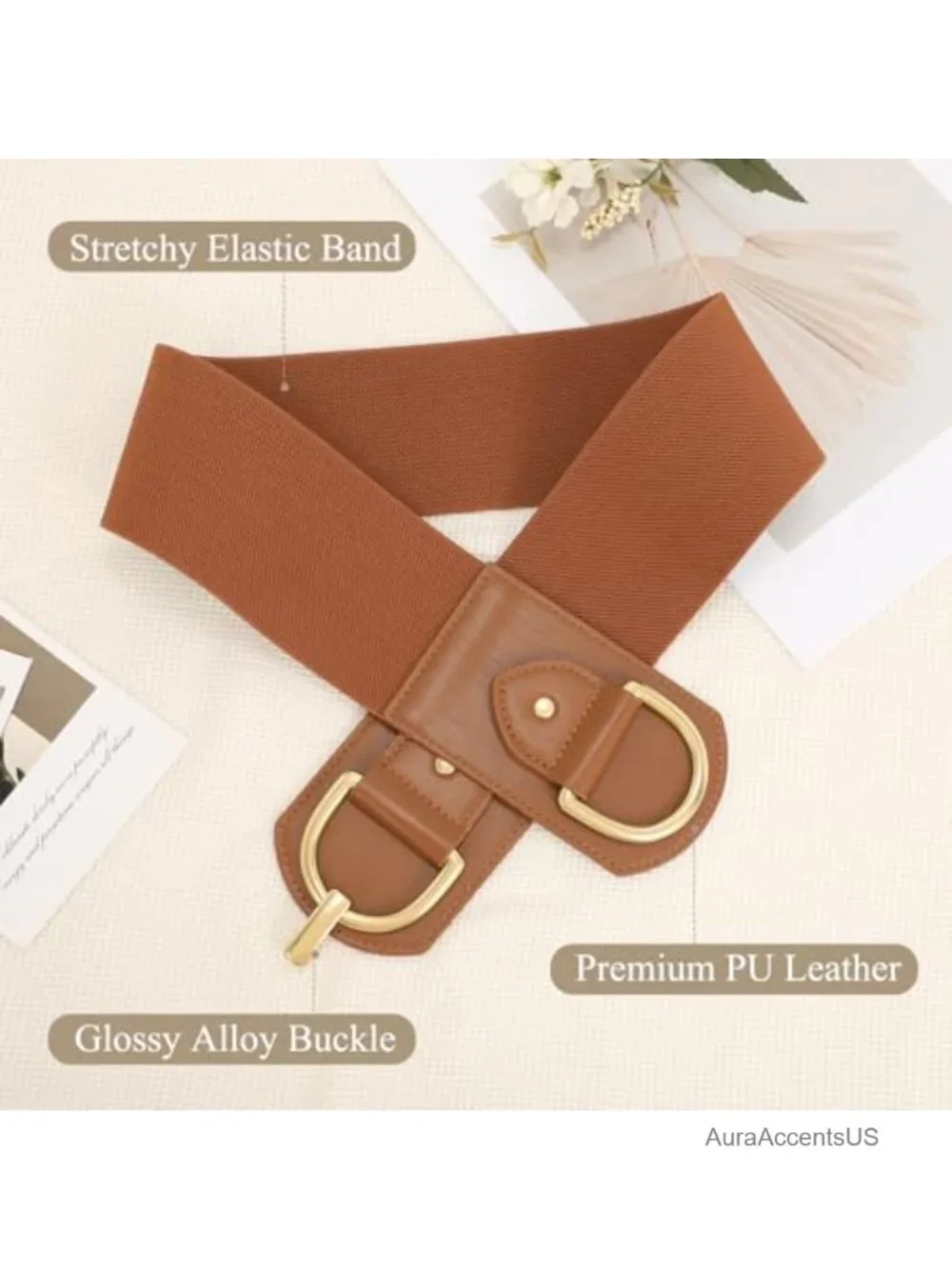 Faux Leather Wide Elastic Belt with Gold Buckle for Dresses